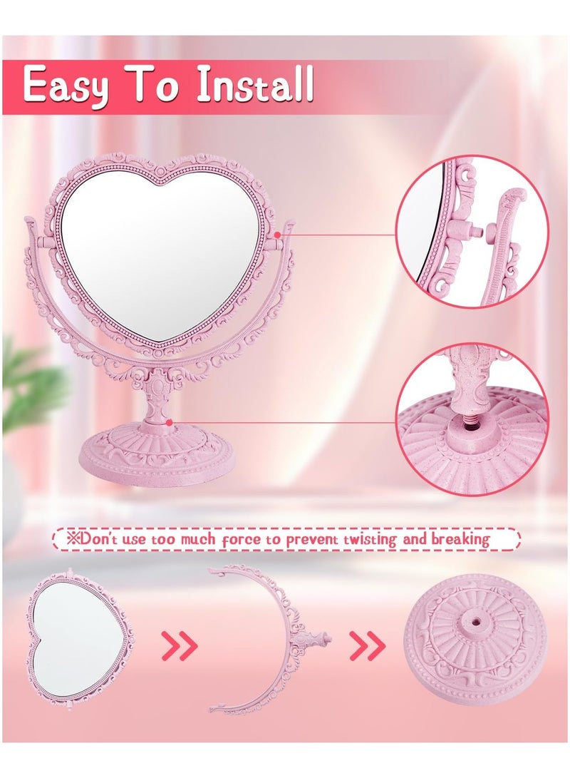 مرآة مكياج على شكل قلب، ذات وجهين، لون وردي - Image 5